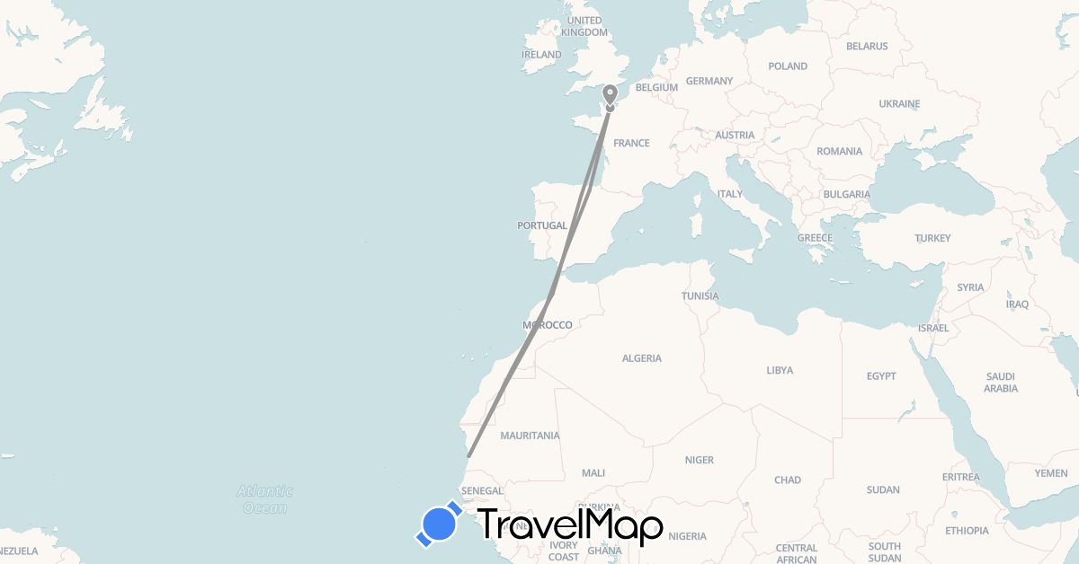 TravelMap itinerary: plane in Spain, France, Morocco, Mauritania (Africa, Europe)